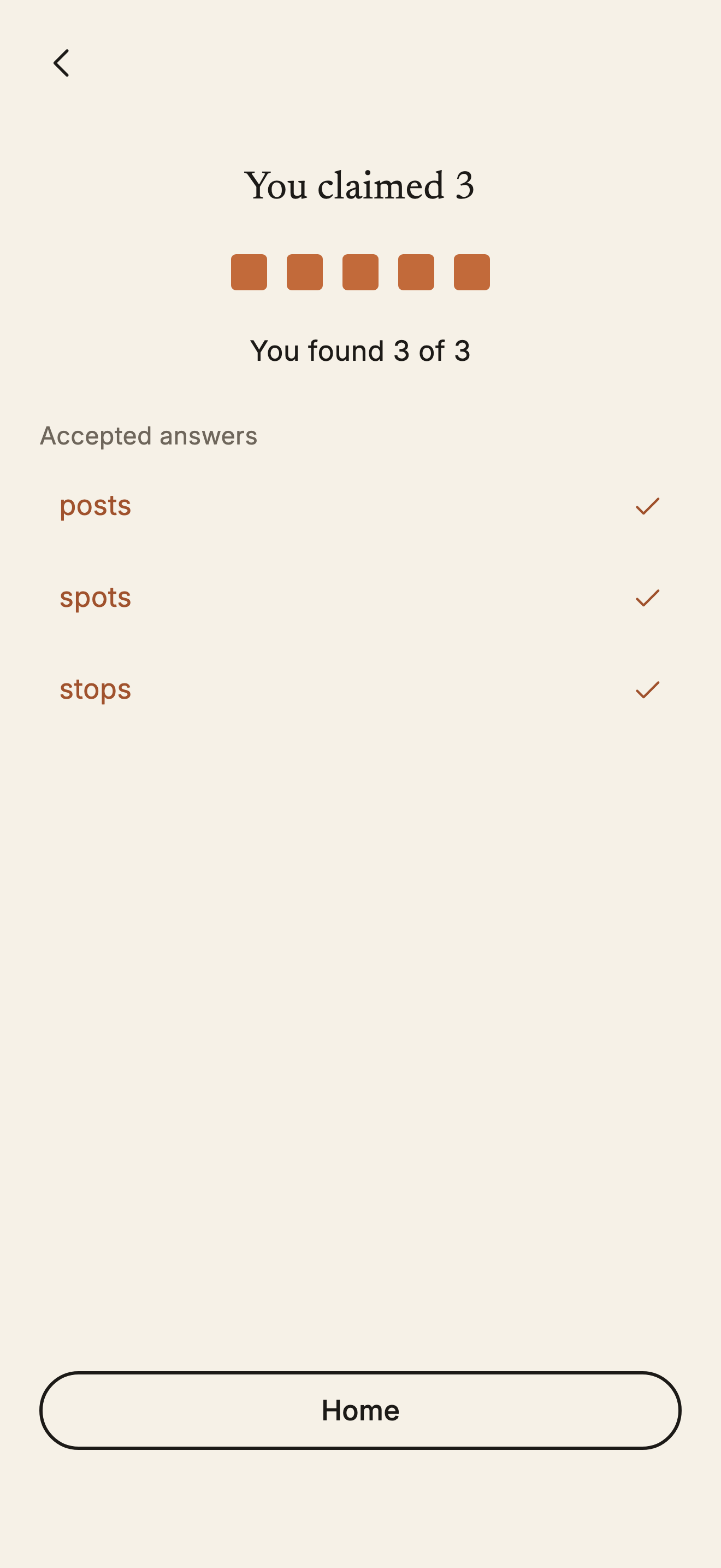 HowManyAnagrams, the result screen listing the accepted anagrams found.
